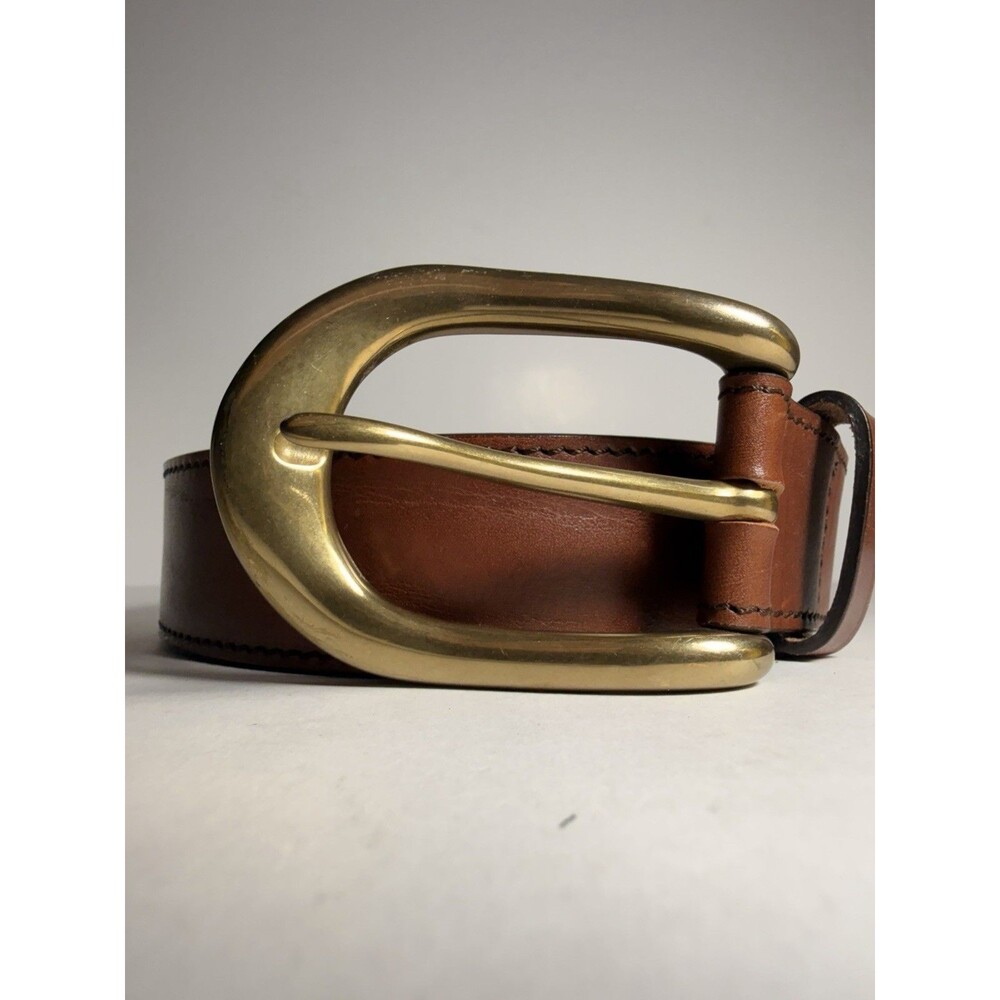 FRYE Genuine Leather Belt Medium Cognac Brown Solid Brass Buckle Italy 34DC989